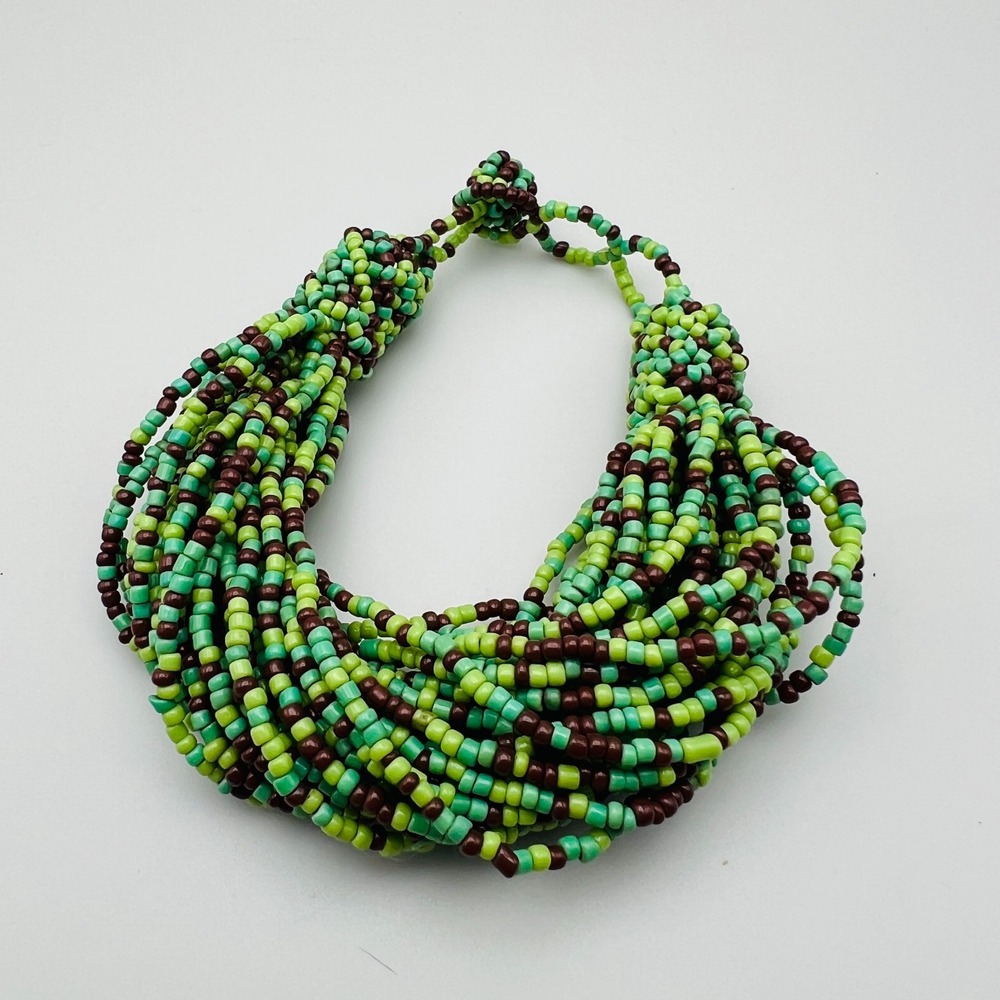 Multi Strand Bracelet Seed Bead Green Brown Boho Layered Statement Chic Handmade